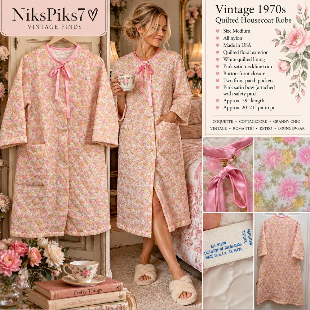 Vintage 1970s Quilted Floral Nylon Housecoat Robe Pink Bow Made USA Medium